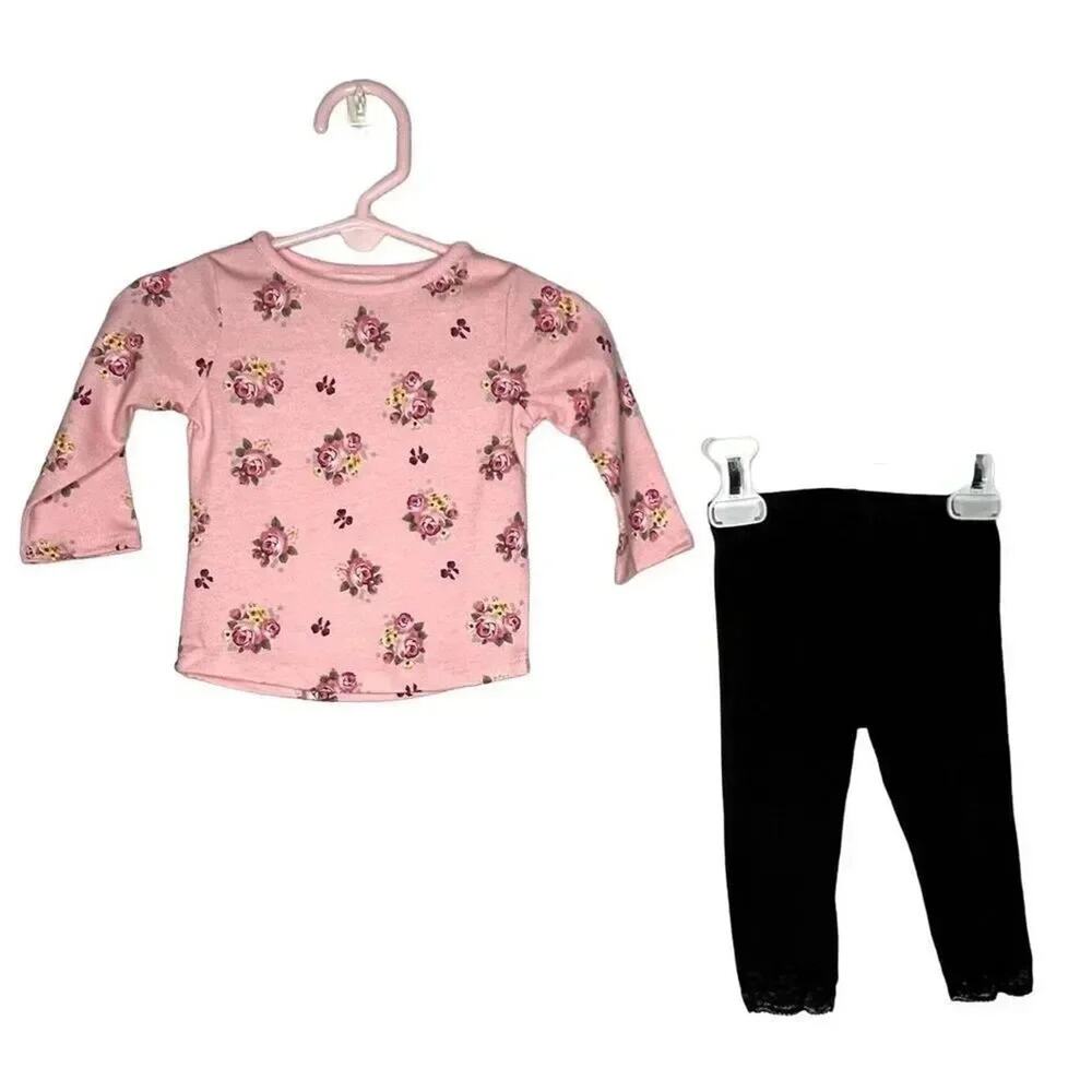 Garanimals pink floral long sleeve top/ solid black leggings size 3-6 months